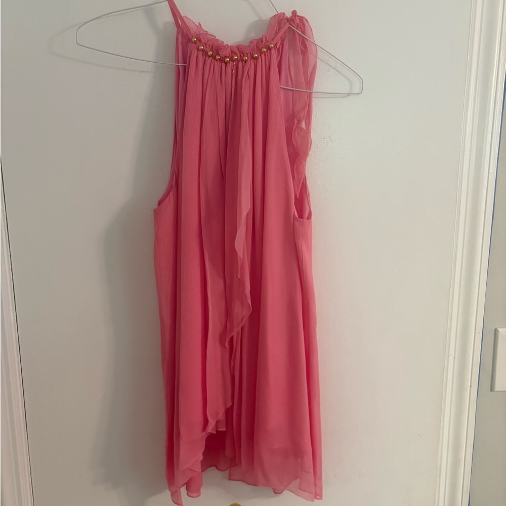 Elie Tahari Pink 100% Silk Chiffon Blouse With Gold DetaiI (Excellent Condition)